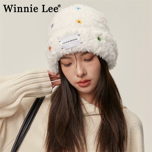 Winnie Lee日本设计师联名款毛茸茸毛绒渔夫帽女冬季针织帽子秋冬 - 图3