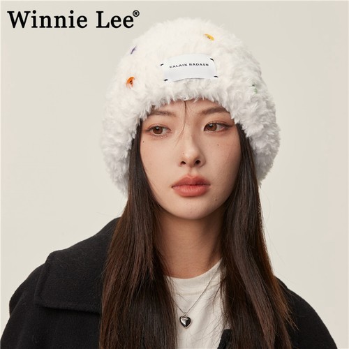 Winnie Lee日本设计师联名款毛茸茸毛绒渔夫帽女冬季针织帽子秋冬 - 图0