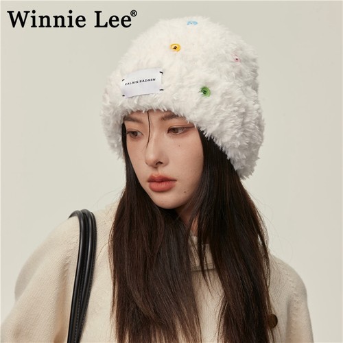 Winnie Lee日本设计师联名款毛茸茸毛绒渔夫帽女冬季针织帽子秋冬 - 图1