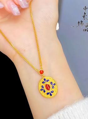 金店同款古法沙金珐琅彩花丝凤华吊坠 新中式宫廷风凤华项链