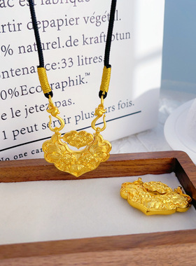 金店同款莲花锦鲤沙金项链吊坠女高保色轻奢如意长命锁新中式锁包