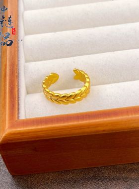 金店同款高保色古法沙金麦穗开口戒指女 铜镀金高级树叶戒指