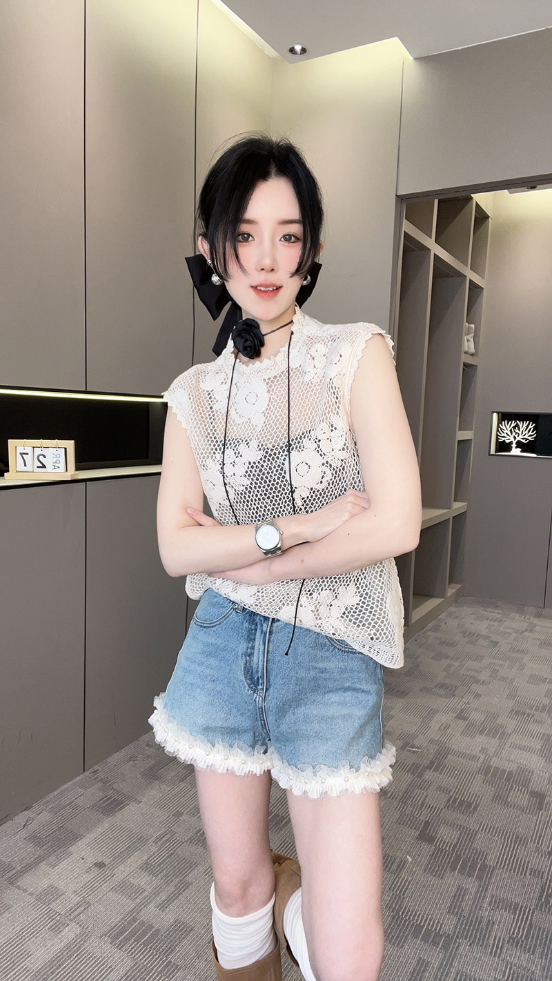 RR fashion蕾丝镂空T恤女2024夏季新款设计感纯色圆领套头上衣-图0