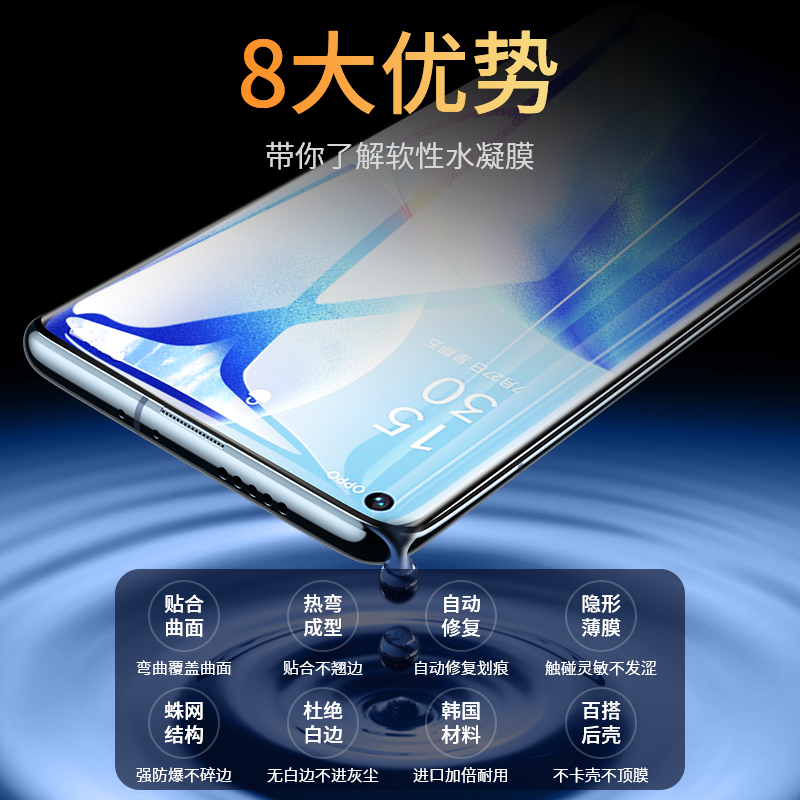 适用opporeno3pro钢化水凝膜oppo reno3元气版手机膜全屏覆盖5g曲面por曲屏opopreno软膜0pp0抗蓝光uv贴膜壳-图2