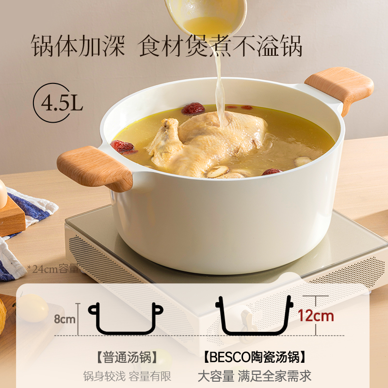 BESCO陶瓷汤锅不粘锅家用炖锅蒸煮双耳加厚煲汤锅奶锅电磁炉燃气