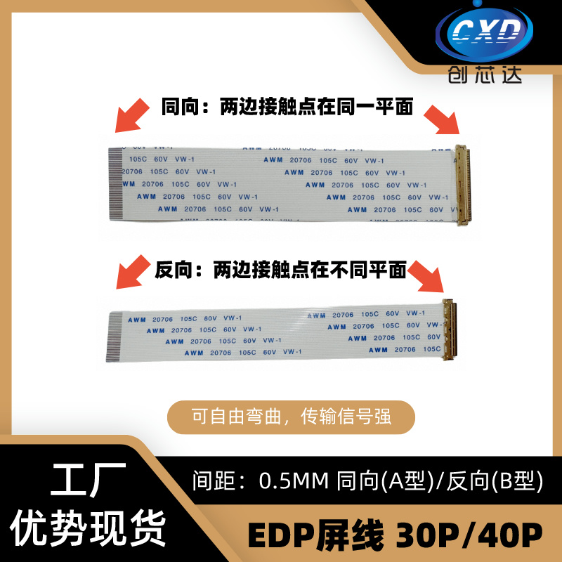 EDP屏线 0.5MM 30P/40P FFC软排线带I-PEX座 AWM 20706 同向/反向 - 图0