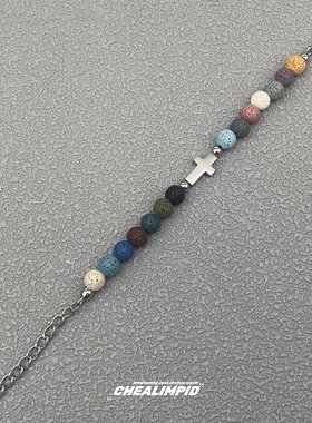 火山石十字架设计手链钛钢街头男