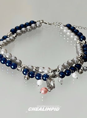 CHEALIMPID/.珍珠方钻吊坠蝴蝶结项链小众设计高级感甜酷辣妹颈链