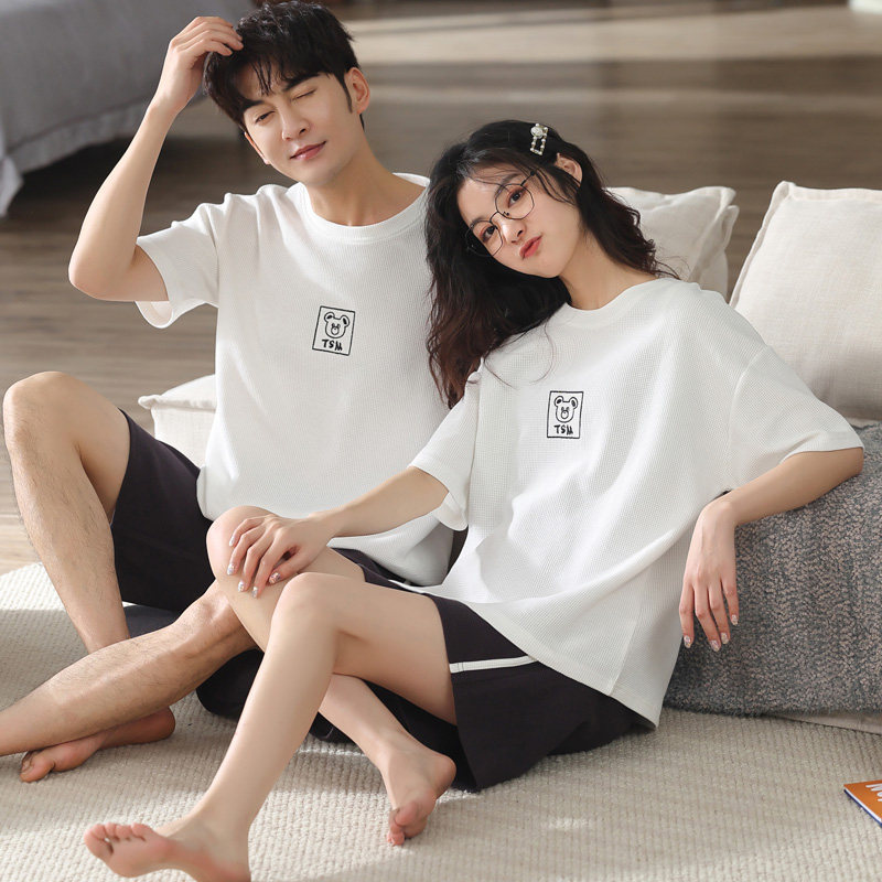 华夫格情侣夏季纯棉短袖韩版睡衣 纯柚睡衣/家居服套装