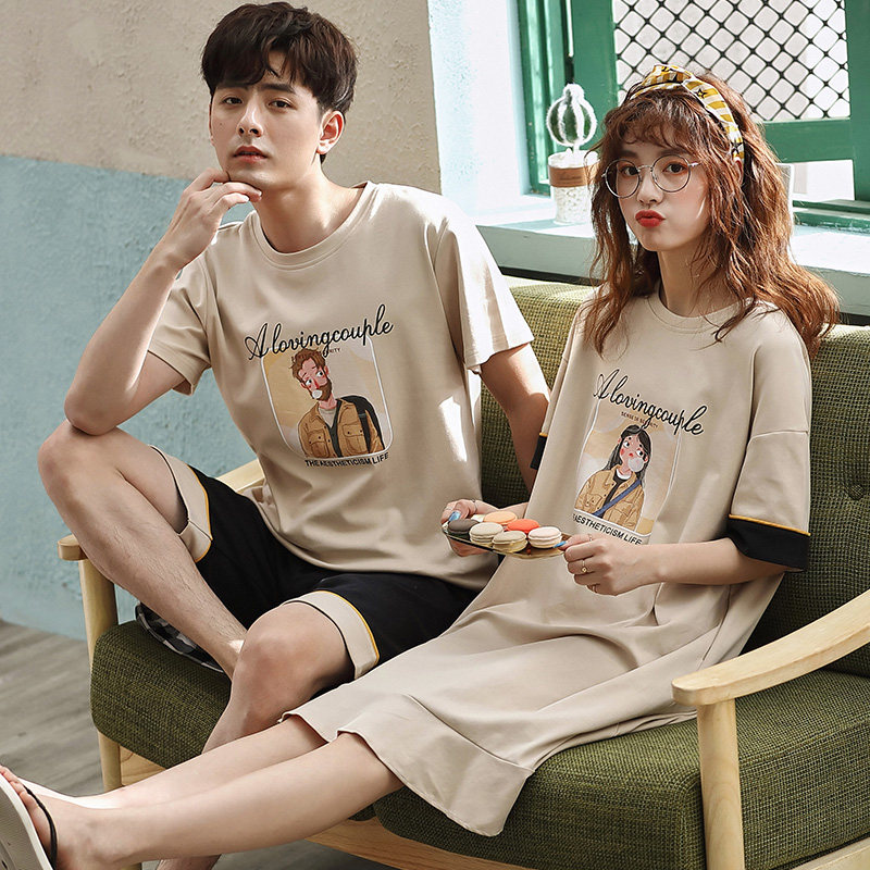 2套价情侣夏季纯棉短袖休闲睡裙 纯柚睡衣/家居服套装