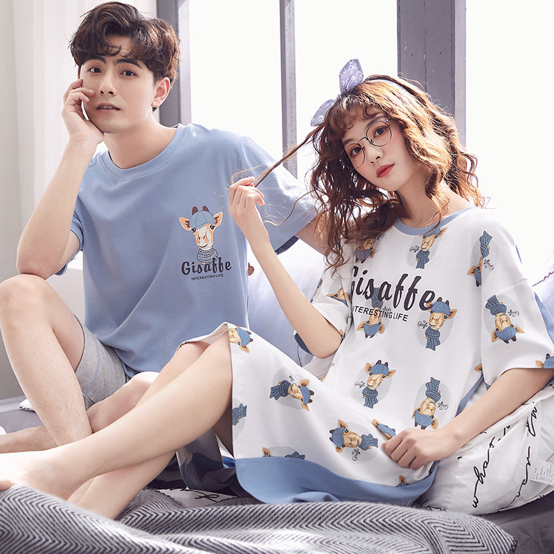 2套价情侣夏季纯棉短袖休闲睡裙 纯柚睡衣/家居服套装