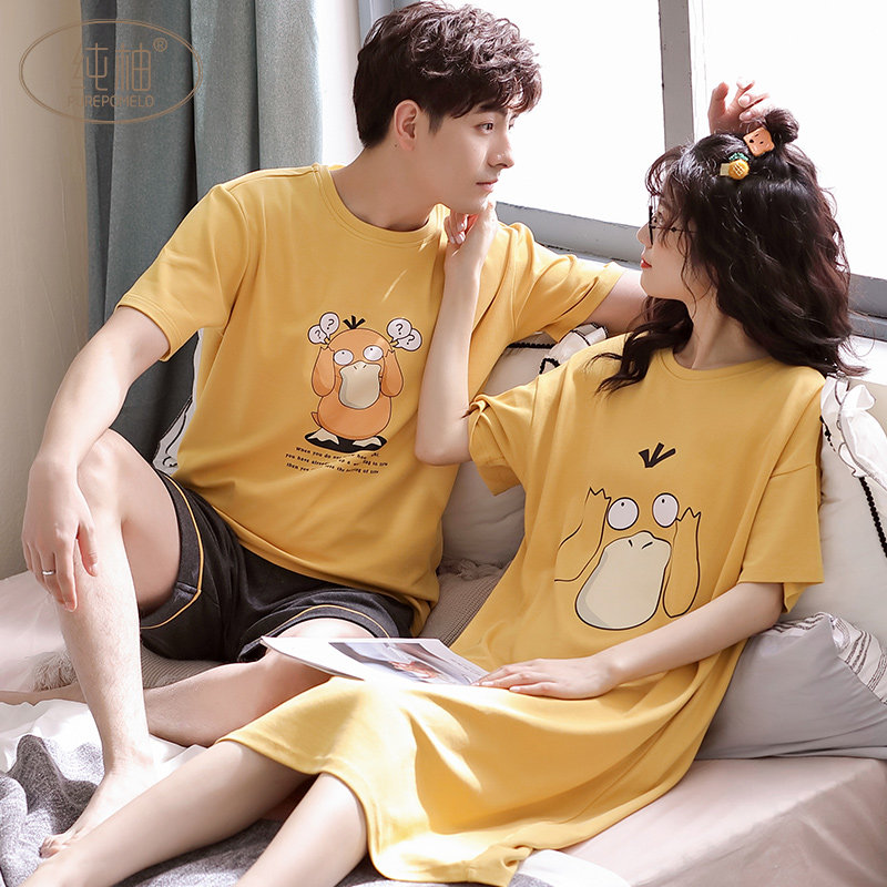 情侣夏季纯棉短袖2021新款卡通睡裙 纯柚睡衣/家居服套装