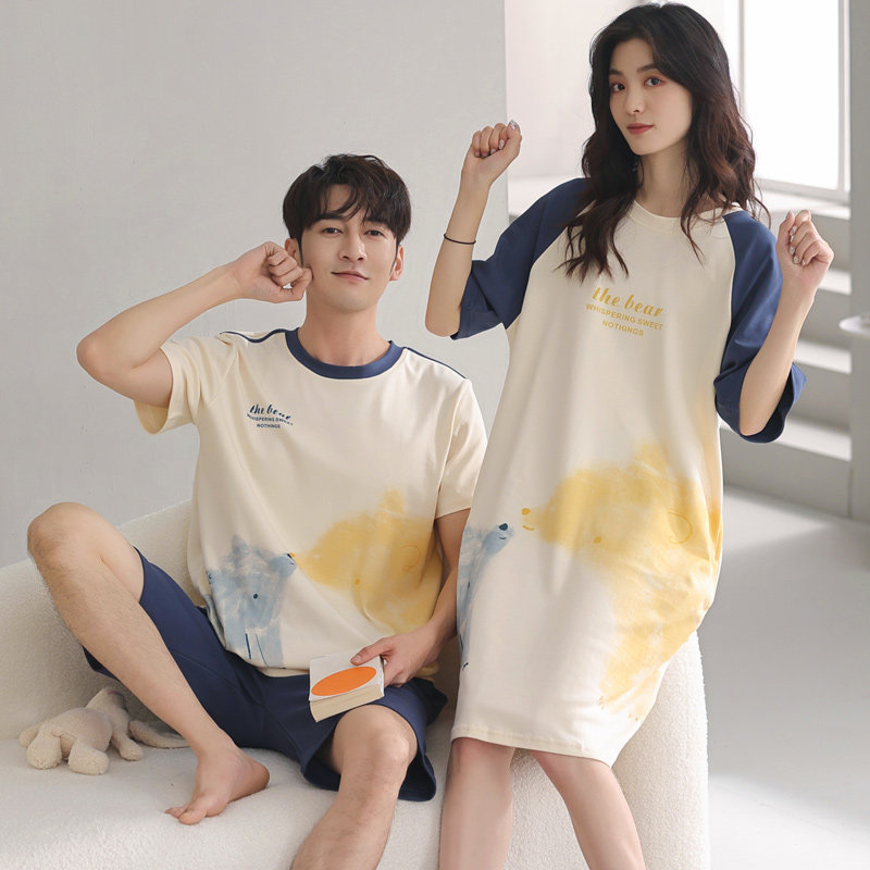情侣装一男一夏季纯棉短袖卡通睡裙 纯柚睡衣/家居服套装