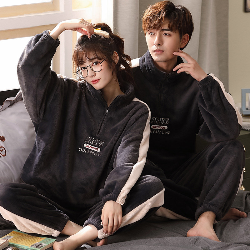 2套价情侣秋冬款珊瑚绒加绒男睡衣 纯柚睡衣/家居服套装