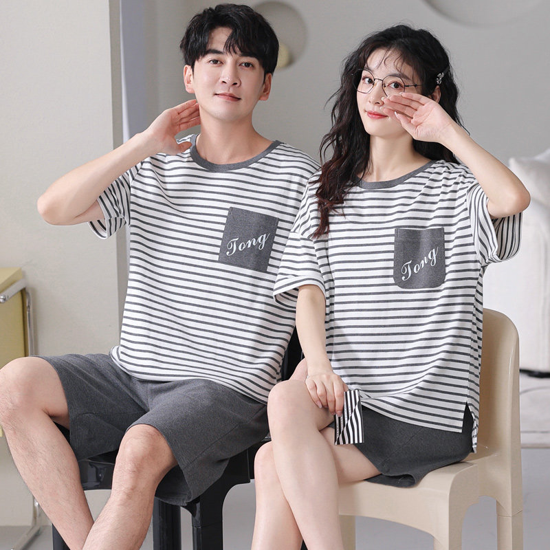 情侣夏季纯棉短袖休闲宽松睡衣 纯柚睡衣/家居服套装