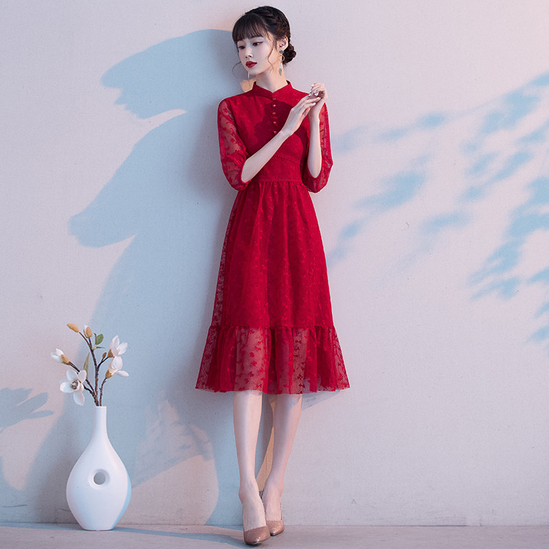 中式新娘旗袍2020新款夏季敬酒服 玫瑰纱礼服/晚装