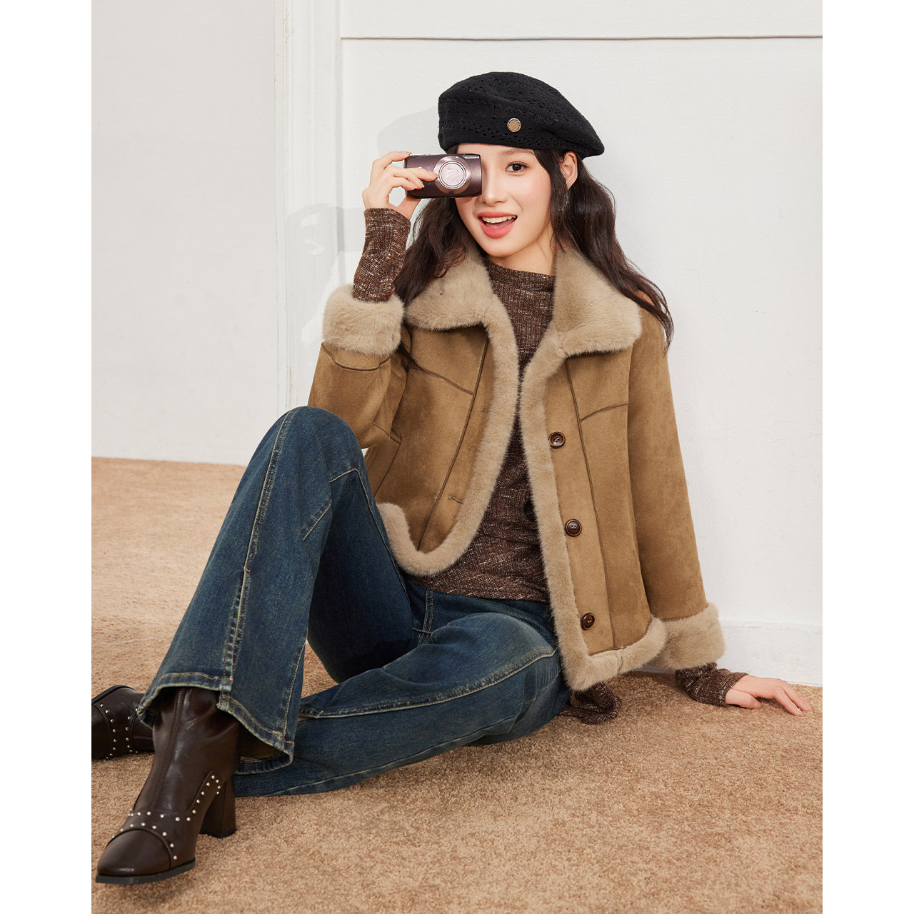 IEF/爱依服【小个子专属】2025秋冬新款磨砂皮衣女时尚宽松短外套,淘宝优惠券,粉丝福利购,淘宝优惠卷