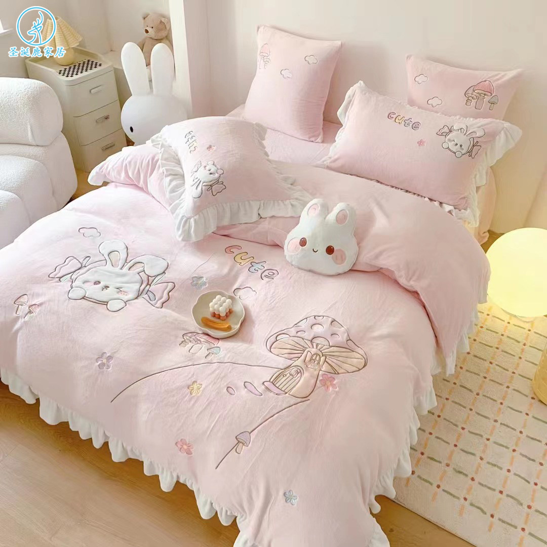 卡通兔公主风冬季牛奶绒四件套加厚双面珊瑚绒被套儿童床品三件套,淘宝优惠券,粉丝福利购,淘宝优惠卷