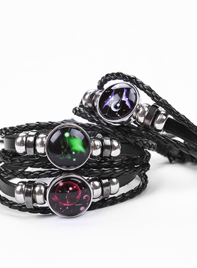 欧美爆款情侣手绳跨境12星座多层编织夜光朋克牛皮星空手链饰品