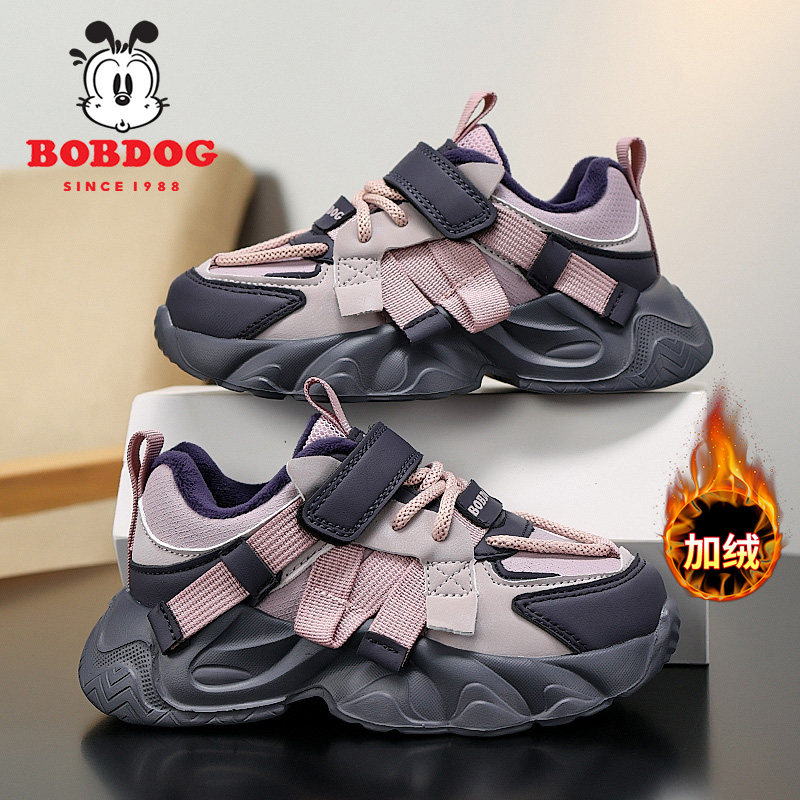 巴布豆女童鞋2025新款冬季皮面加绒二棉老爹鞋女孩鞋子儿童运动鞋 - 图0