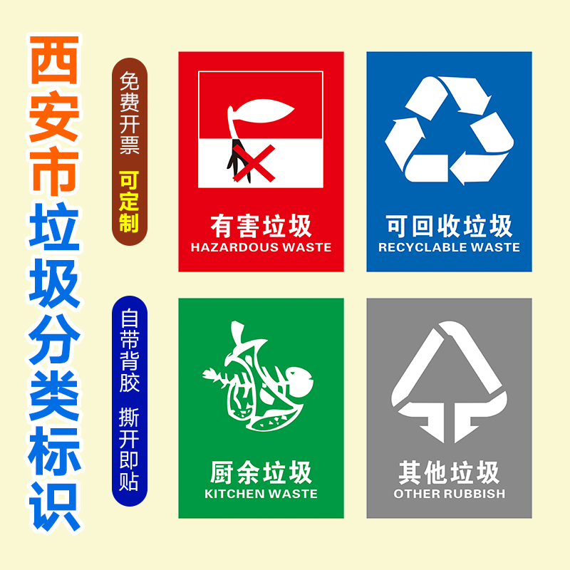 陕西西安市垃圾分类 厨余垃圾 有害垃圾 可回收垃圾 其他垃圾 垃圾分类贴纸 标识 官方垃圾分类指南 - 图0