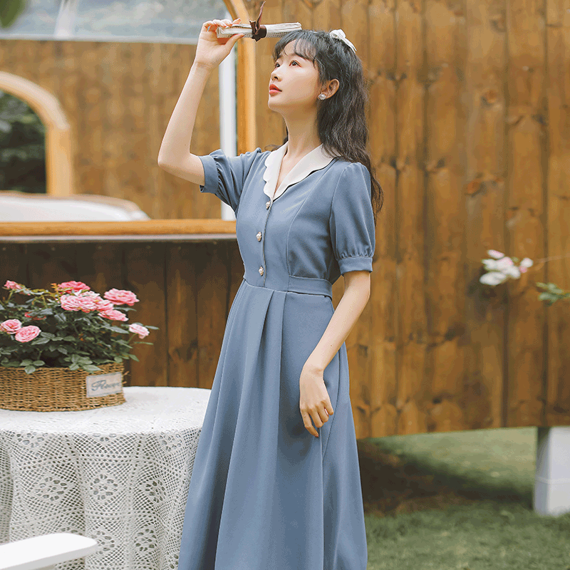 绿色温柔风娃娃领绑带a字裙 芊恬悦连衣裙