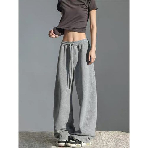 MosesQueen魔西女王灰色加绒运动裤女直筒休闲裤子慵懒阔腿弯刀裤 - 图2