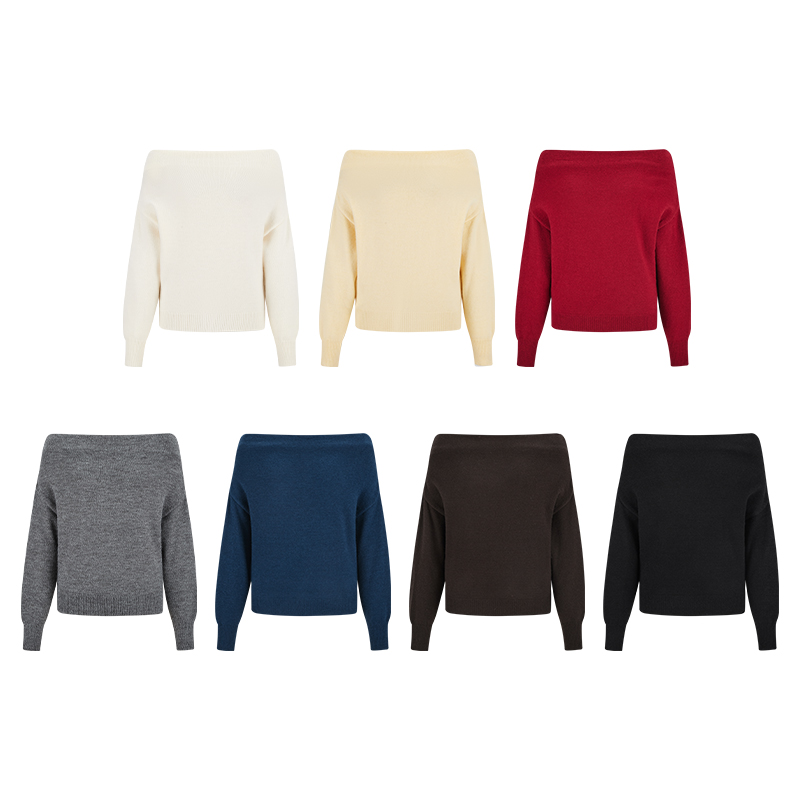 MosesQueen魔西女王一字领露肩毛衣女秋冬宽松显瘦气质针织衫上衣