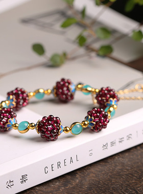 国风天然石榴石简约女款石榴石手链搭配天河石景泰蓝配饰手串手饰