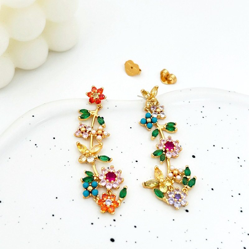 法式复古彩色锆石花朵耳坠不对称长款耳钉质感气质优雅耳饰女,淘宝优惠券,粉丝福利购,淘宝优惠卷