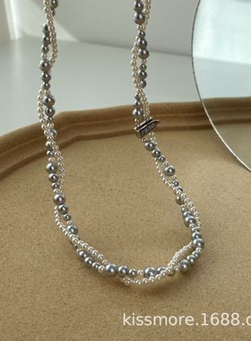 双层项链毛衣链女手工锁骨链饰品琛墨银灰色混色S925纯银施家珍珠