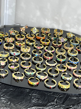 甜酷五彩斑斓珐琅滴釉气质宫廷风复古戒指女网红爆款花朵小众指环