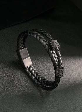 小众设计高级感黑色皮质编织手绳男女学生日韩土酷嘻哈情侣手链潮