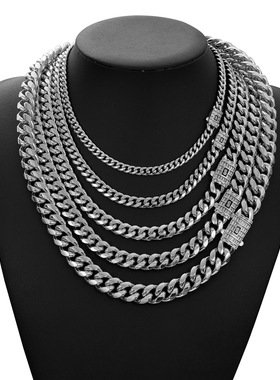 饰品项链钢色加密锆石钻扣古巴链钛钢男士项链6-14mm男士不锈钢