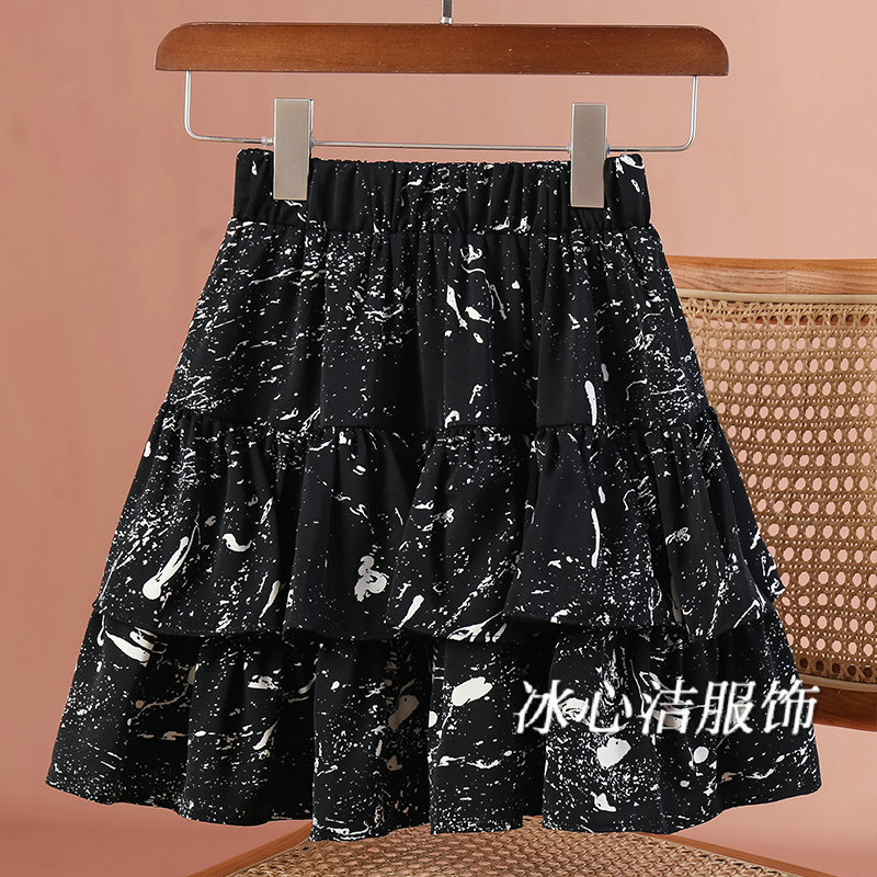 水墨画碎花蛋糕短裙半身裙女夏季新款高腰显瘦小个子白色裙子半裙