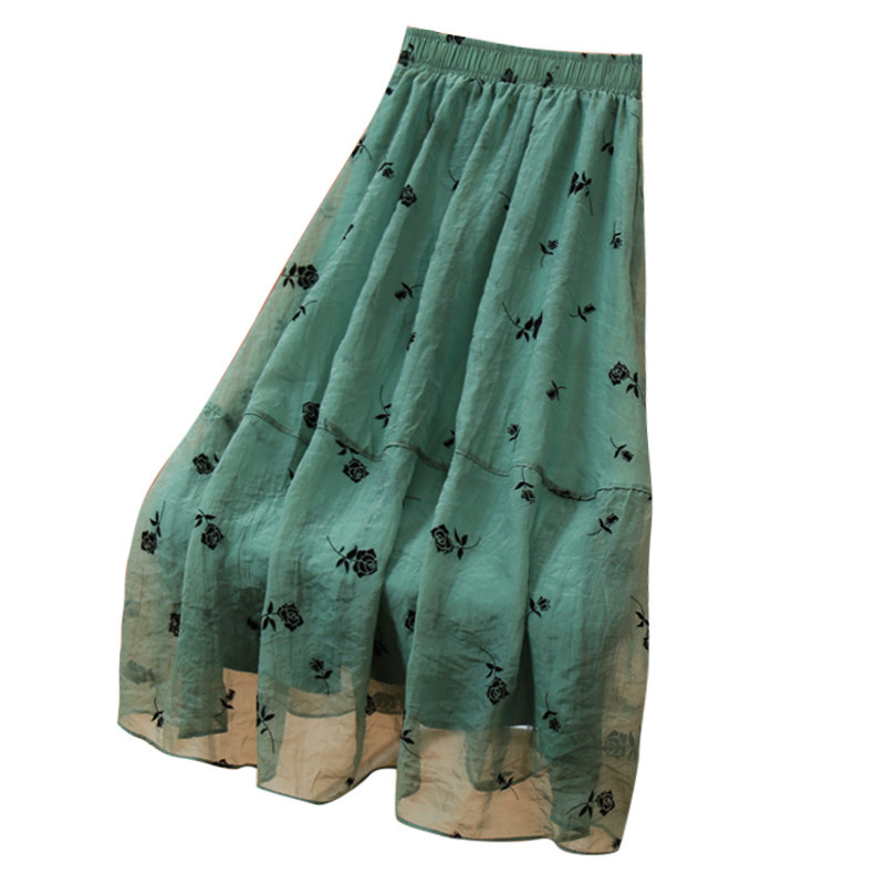 绿色植绒印花欧根纱夏季新款半身裙 冰心洁半身裙