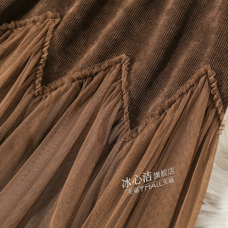 冬季网纱拼接灯芯绒纱裙大摆半身裙 冰心洁半身裙