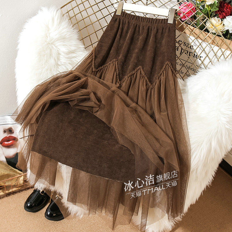 冬季网纱拼接灯芯绒纱裙大摆半身裙 冰心洁半身裙