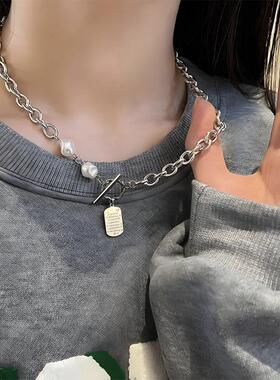 SONGMENG珍珠拼接方牌锁骨链