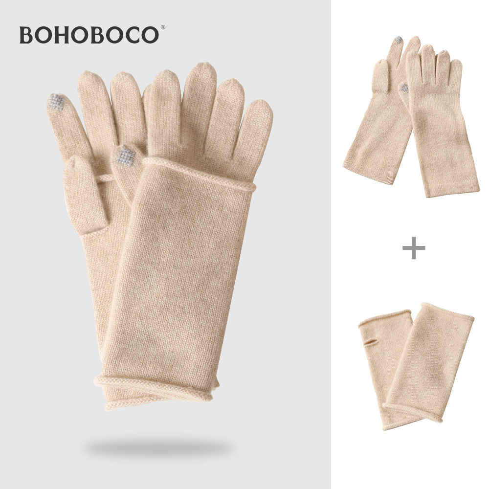 纯羊绒双层触屏手套半指护腕秋冬女两用厚款保暖分指针织两件套1 - 图0