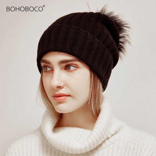 Pure cashmere fur ball hat for women to keep warm in autumn and winter