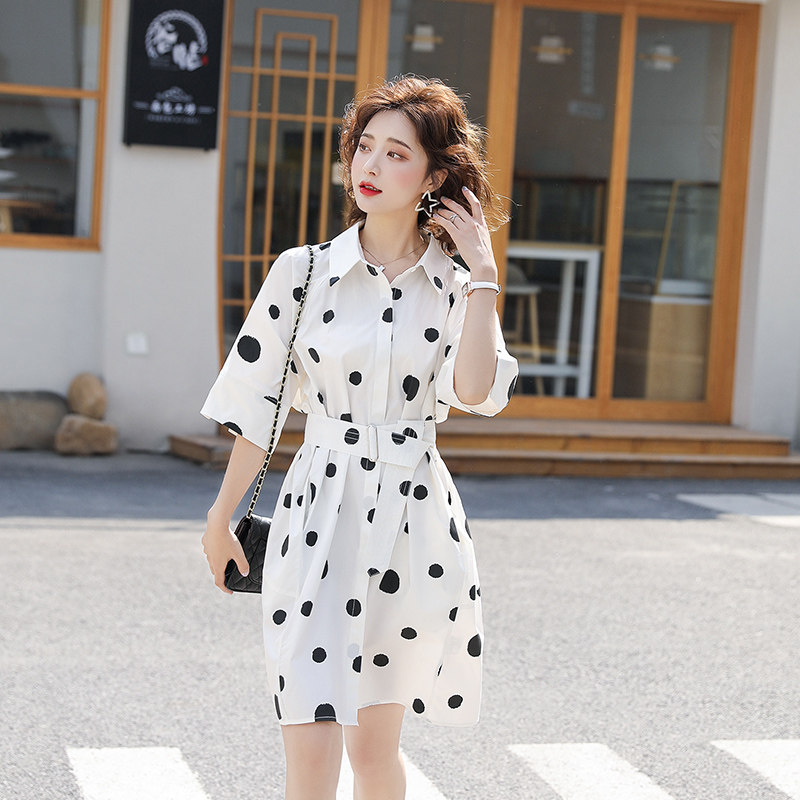 蓝色波点连衣裙女2020新款腰带衬衫 蔻莉拉连衣裙