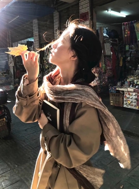 县城文学！棕色复古文艺风棉麻围巾女春秋渐变皱丝巾森女百搭配饰