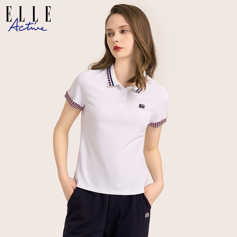 ELLE Active法式通勤格纹polo衫女2024夏季新款休闲翻领短袖上衣 - 图0