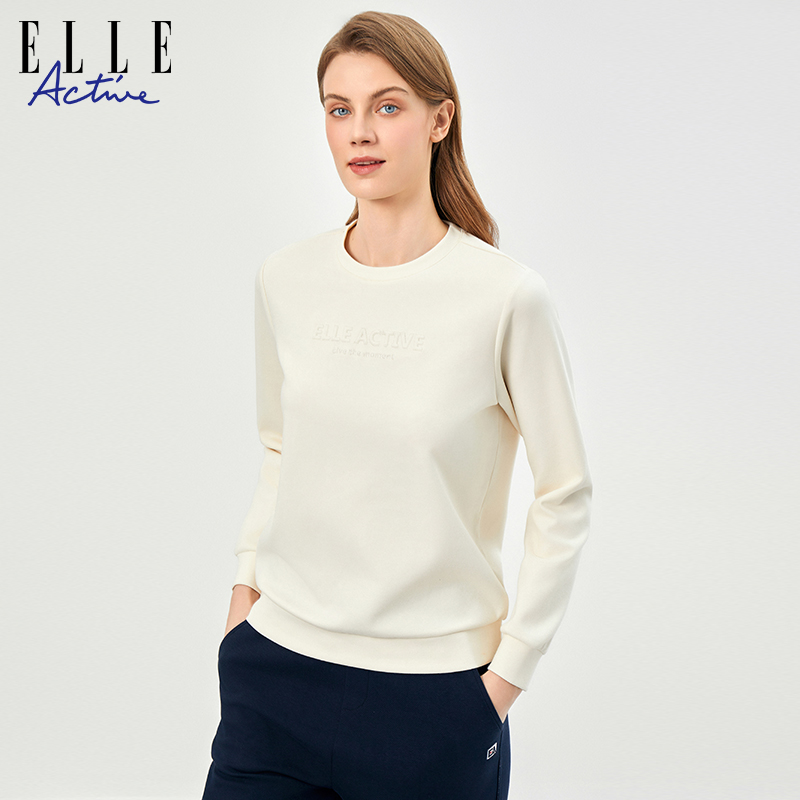 ELLE Active2024春季新款刺绣字母针织卫衣女纯色简约长袖上衣