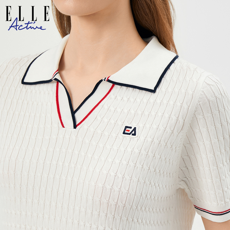 ELLE Active2024新款v领polo针织衫女通勤百搭绞花小香风翻领短袖