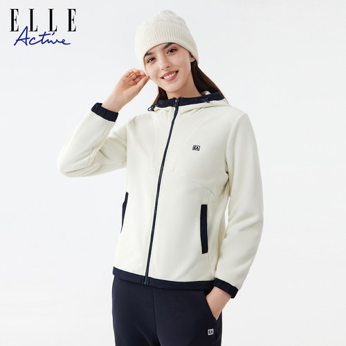 ELLE Active活力减龄户外穿搭紫色摇粒绒连帽外套秋冬保暖抓绒衣 - 图2