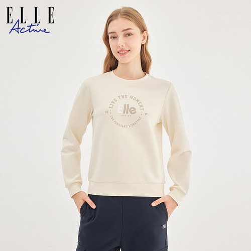 ELLE Active女装新款红色卫衣休闲运动上衣印花字母圆领长袖内搭 - 图1