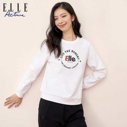 ELLE Active女装新款红色卫衣休闲运动上衣印花字母圆领长袖内搭 - 图3