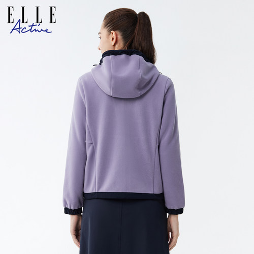 ELLE Active活力减龄户外穿搭紫色摇粒绒连帽外套秋冬保暖抓绒衣 - 图3